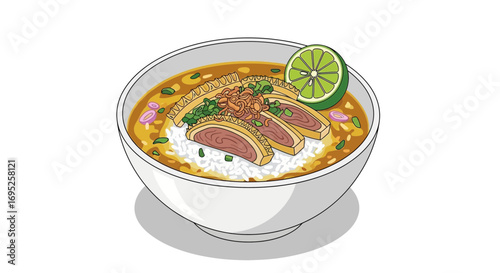 Bowl of Indonesian Soto Betawi illustration with a flavorful broth and toppings