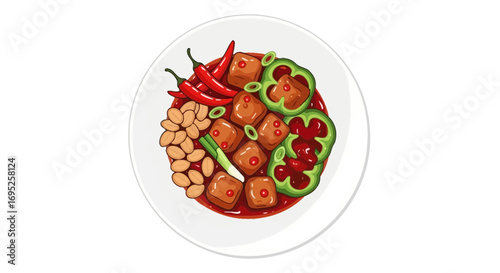 Captivating presentation of Kung Pao tofu featuring vibrant and colorful elements