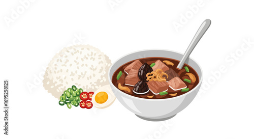 Bowl of tasty rawon with rice and condiments against a plain background