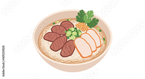 Bowl of savory asian noodles with meats, spring onion and cilantro garnish