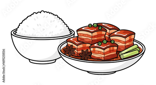 Cartoon illustration of braised pork belly with star anise and spring onions