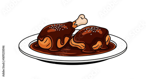 Cartoon illustration of chicken legs with brown sauce on a white plate