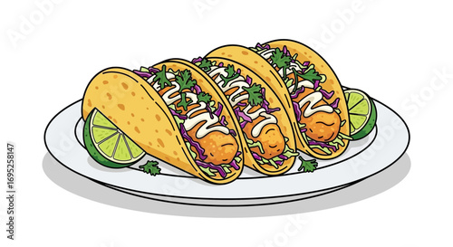 Cartoonish fish tacos served with lime wedges on a white plate, illustration