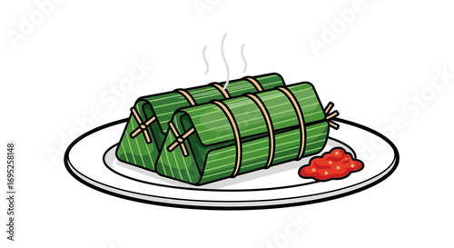 Cartoonish illustration of two steaming lontong with spicy sambal on plate