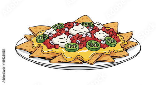 Cartoon image of fully loaded nachos served on a white plate, isolated