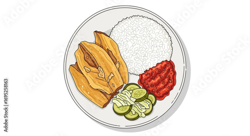 Cartoonish Tempe Penyet illustration with sambal and vegetable garnish