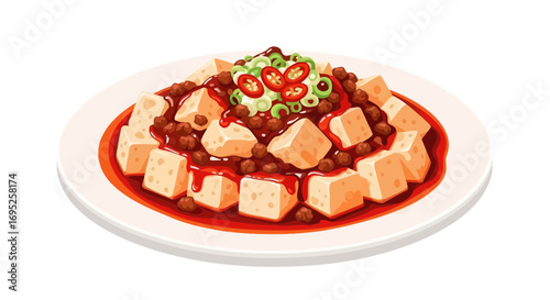 Classic mapo tofu illustration with a tantalizing sauce and garnish