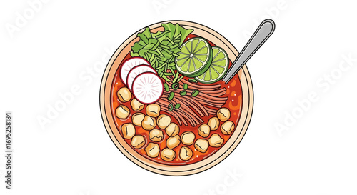 Colorful appetizing illustration of traditional mexican dish pozole
