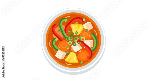 Colorful Thai soup illustration with pineapple and tofu in a white bowl
