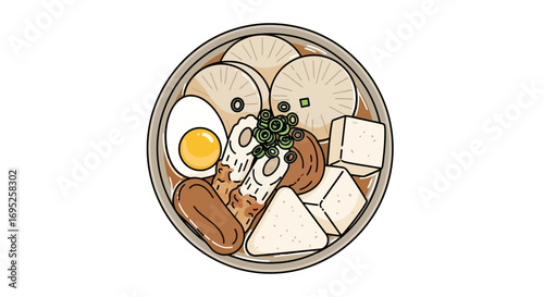 Delicious and visually appealing Oden illustration with various toppings