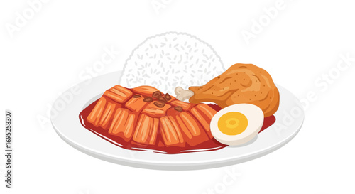 Delicious asian cuisine food plate with rice, fried chicken and vegetables