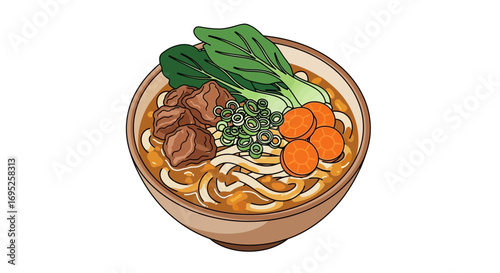 Delicious Asian-Inspired Noodles with Vegetables and Meatballs Illustration