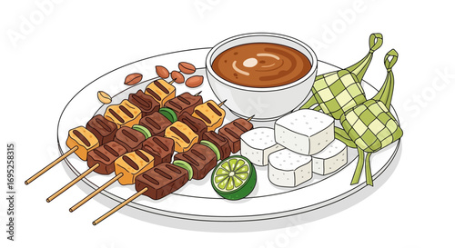 Delicious asian satay skewers with ketupat rice cake and peanut sauce illustration