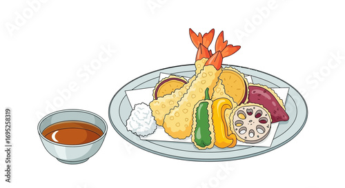Delicious assortment of freshly cooked traditional Japanese tempura on plate