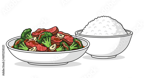 Delicious beef and broccoli stir-fry with garlic served with rice illustration