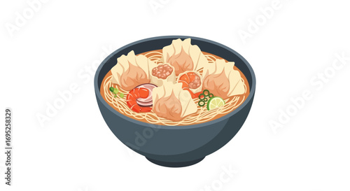 Delicious bowl of asian noodle soup with wontons and shrimp illustration