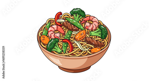 Delicious bowl of asian noodles with shrimp, vegetables and meat topping