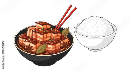 Delicious braised pork belly with soy sauce and rice illustration art