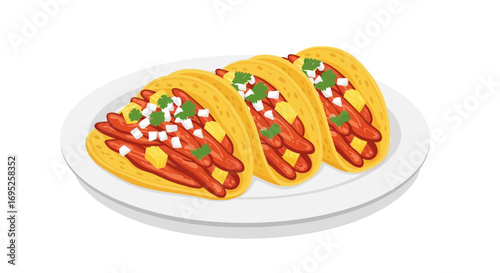 Delicious cartoon tacos al pastor with toppings on a white platter