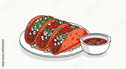 Delicious cartoon tacos with vibrant toppings and a side of dipping sauce