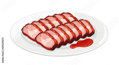 Delicious char siu on white platter, offering authentic asian cuisine