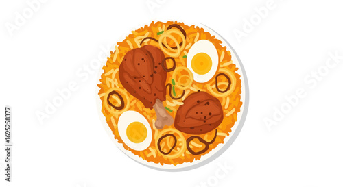 Delicious chicken biryani garnished with eggs and fried onions depiction