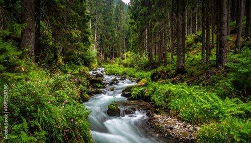 Lush mountain stream winding through a dense forest