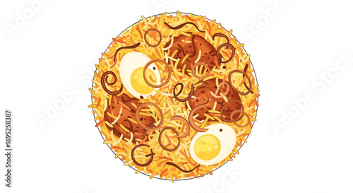 Delicious chicken biryani with eggs and fried onions appetizing closeup
