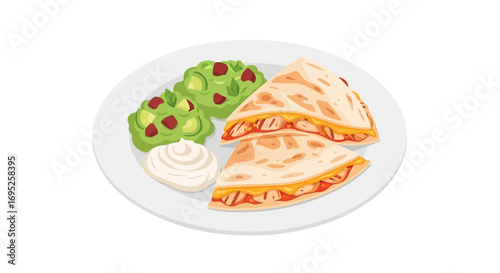 Delicious chicken quesadillas served with guacamole and sour cream vector