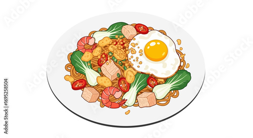 Delicious fried noodle illustration with egg, shrimp and bok choy on plate