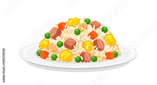 Delicious fried rice illustration with vibrant toppings on a white plate
