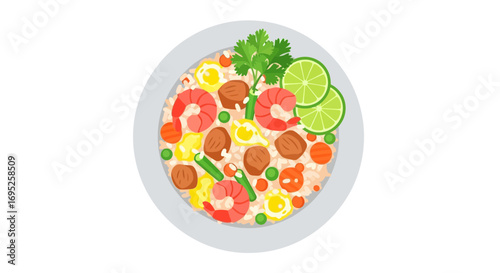 Delicious fried rice with shrimp and fresh vegetables in a plate style