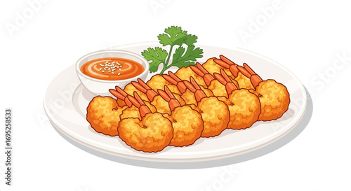 Delicious golden crispy fried shrimp appetizer served on a white plate