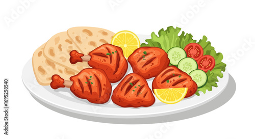 Delicious grilled chicken legs, fresh vegetables and flatbread on plate