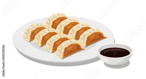 Delicious gyoza dumplings on white plate, with soy sauce illustration