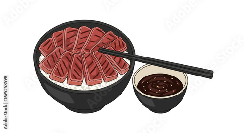 Delicious gyudon bowl illustration with flavorful sauce ready to serve
