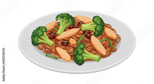 Delicious noodles with chicken and broccoli on a white plate illustration