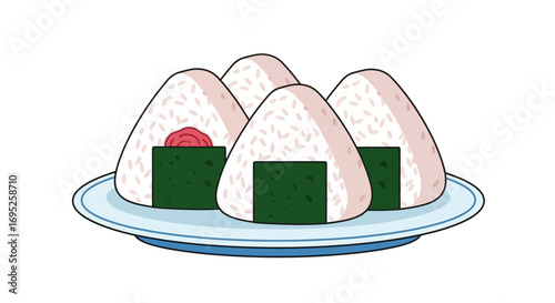 Delicious onigiri illustration featuring different fillings on a plate