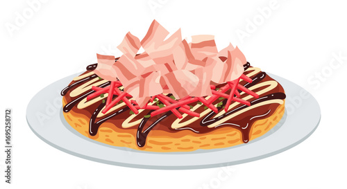 Delicious Okonomiyaki Japanese Savory Pancake Isolated on White Plate
