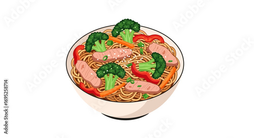 Delicious noodle bowl with salmon and fresh vegetables illustration