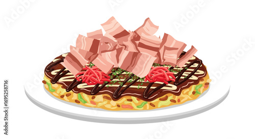 Delicious okonomiyaki on white plate, japanese savory pancake cuisine