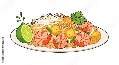 Delicious Pad Thai with Shrimps and Fresh Lime Cartoon Illustration
