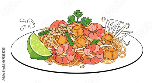 Delicious Pad Thai Illustration with Shrimp and Fresh Ingredients on Plate