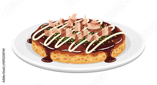 Delicious okonomiyaki pancake illustration on a white background plate