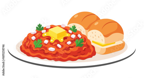 Delicious pav bhaji illustration, served with butter and fresh coriander