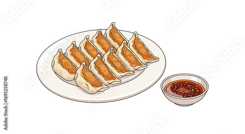 Delicious pan fried gyoza dumplings arranged on a plate with dipping sauce