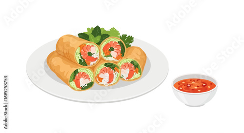 Delicious prawn spring rolls with fresh herbs and dipping sauce illustration