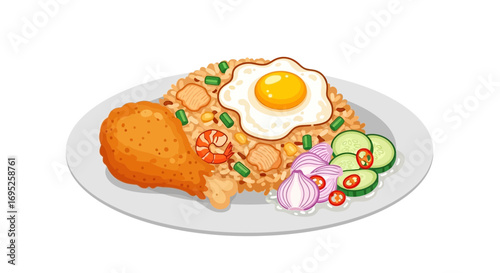 Delicious plate of nasi goreng ayam with fried egg and condiments illustration