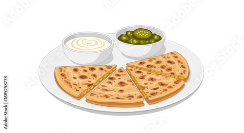 Delicious quesadilla wedges with dips on a plate, tempting and appetizing illustration