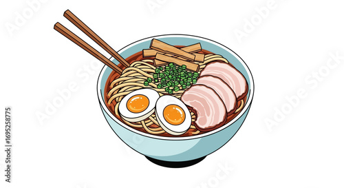Delicious ramen bowl illustration with broth, noodles, meat and vegetables